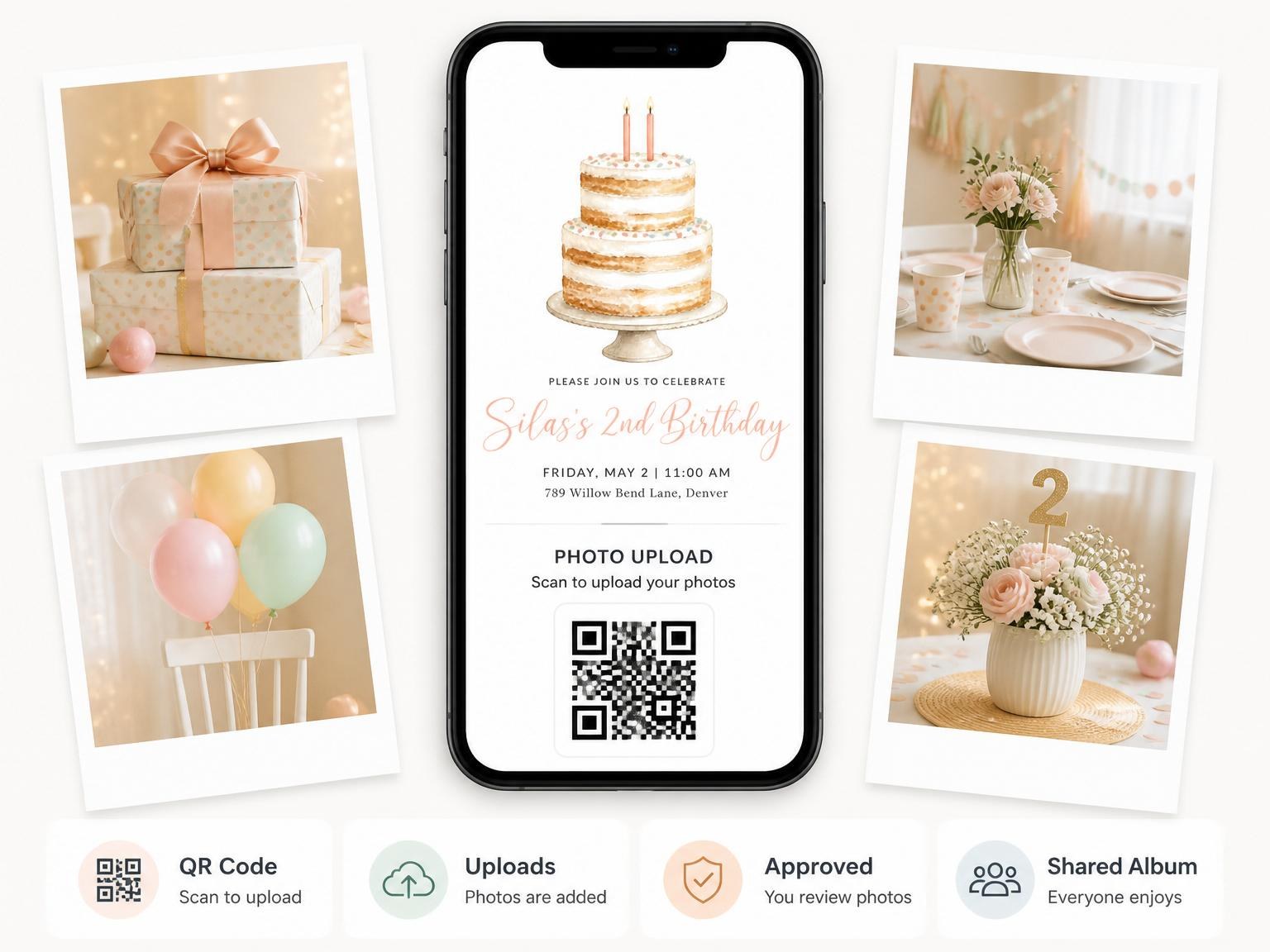 The shared photo gallery that comes with the Watercolor Tiered Cake 2nd Birthday Invite invitation