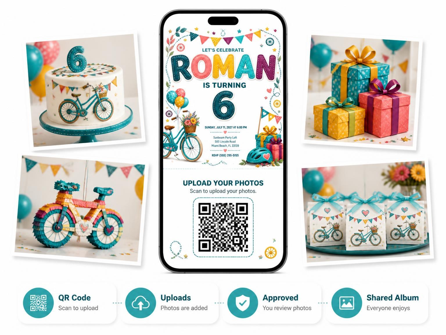 The shared photo gallery that comes with the Stitched Bike Ride 6th Birthday Invitation invitation