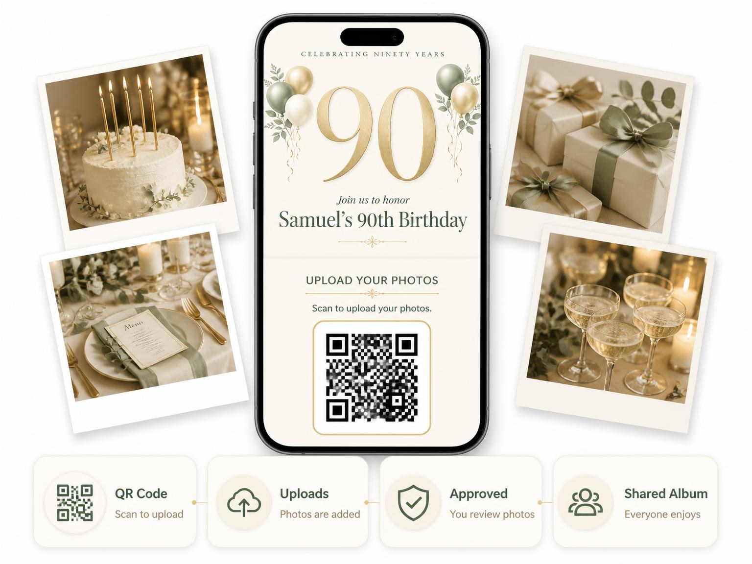 The shared photo gallery that comes with the Sage and Ivory 90th Birthday Invitation invitation