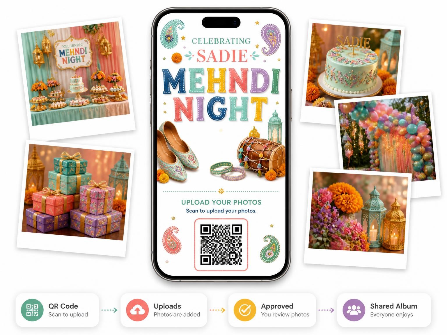 The shared photo gallery that comes with the Embroidered Indian Mehndi Night Invitation invitation