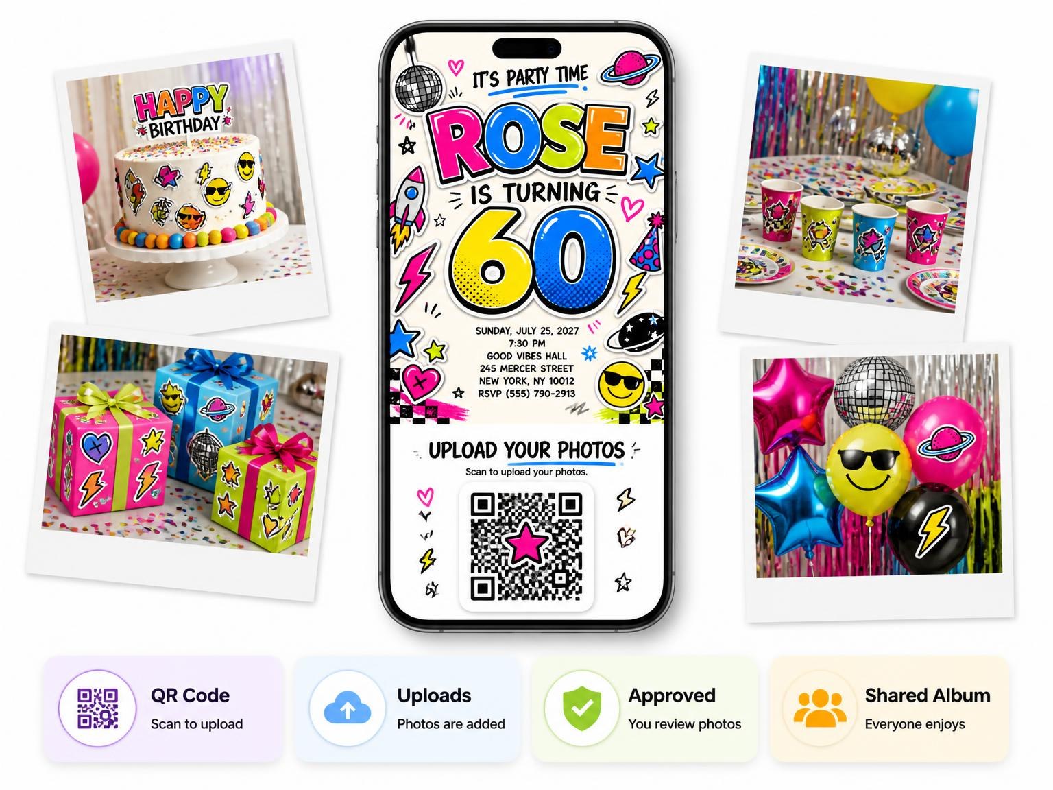 The shared photo gallery that comes with the Sticker Pop 60th Birthday Invitation invitation