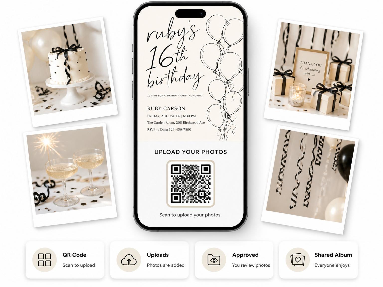 The shared photo gallery that comes with the Cream and Black Line-Art 16th Birthday invitation