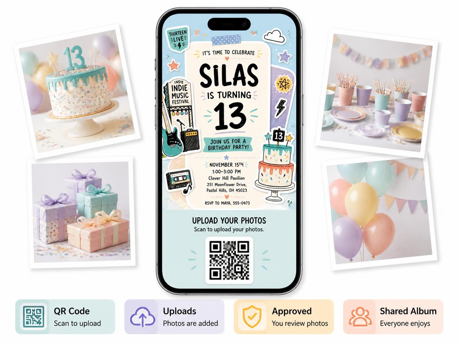The shared photo gallery that comes with the Electric Guitar Pastel 13th Birthday Invitation invitation