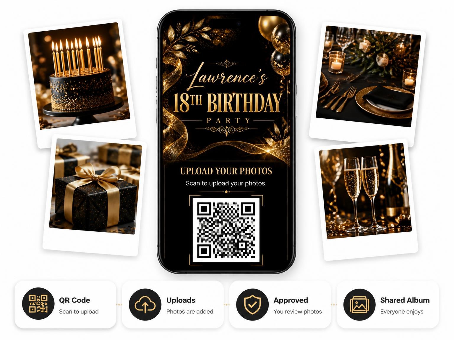 The shared photo gallery that comes with the Black and Gold 18th Birthday Invitation invitation