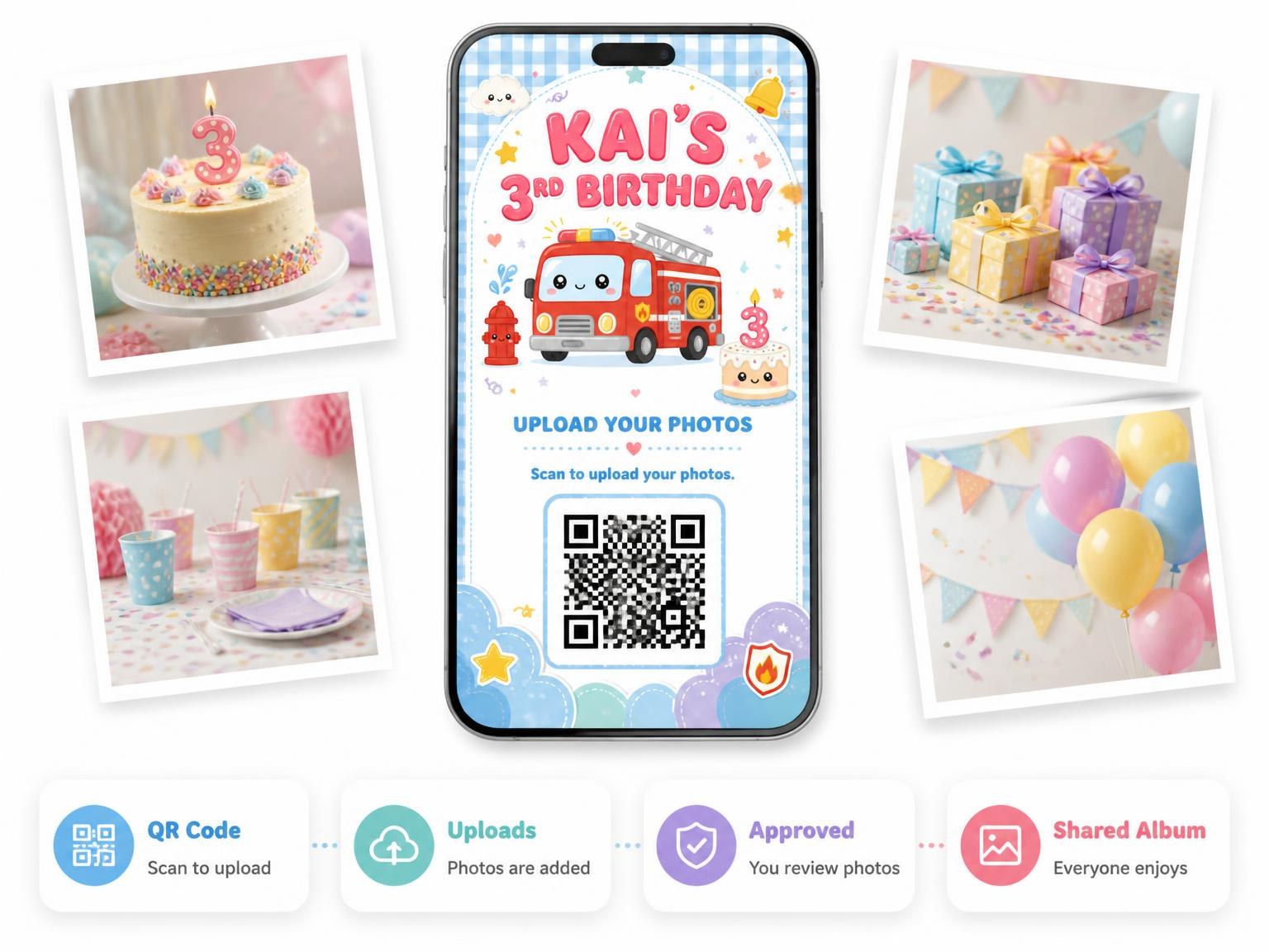 The shared photo gallery that comes with the Fire Hydrant Kawaii 3rd Birthday Invitation invitation