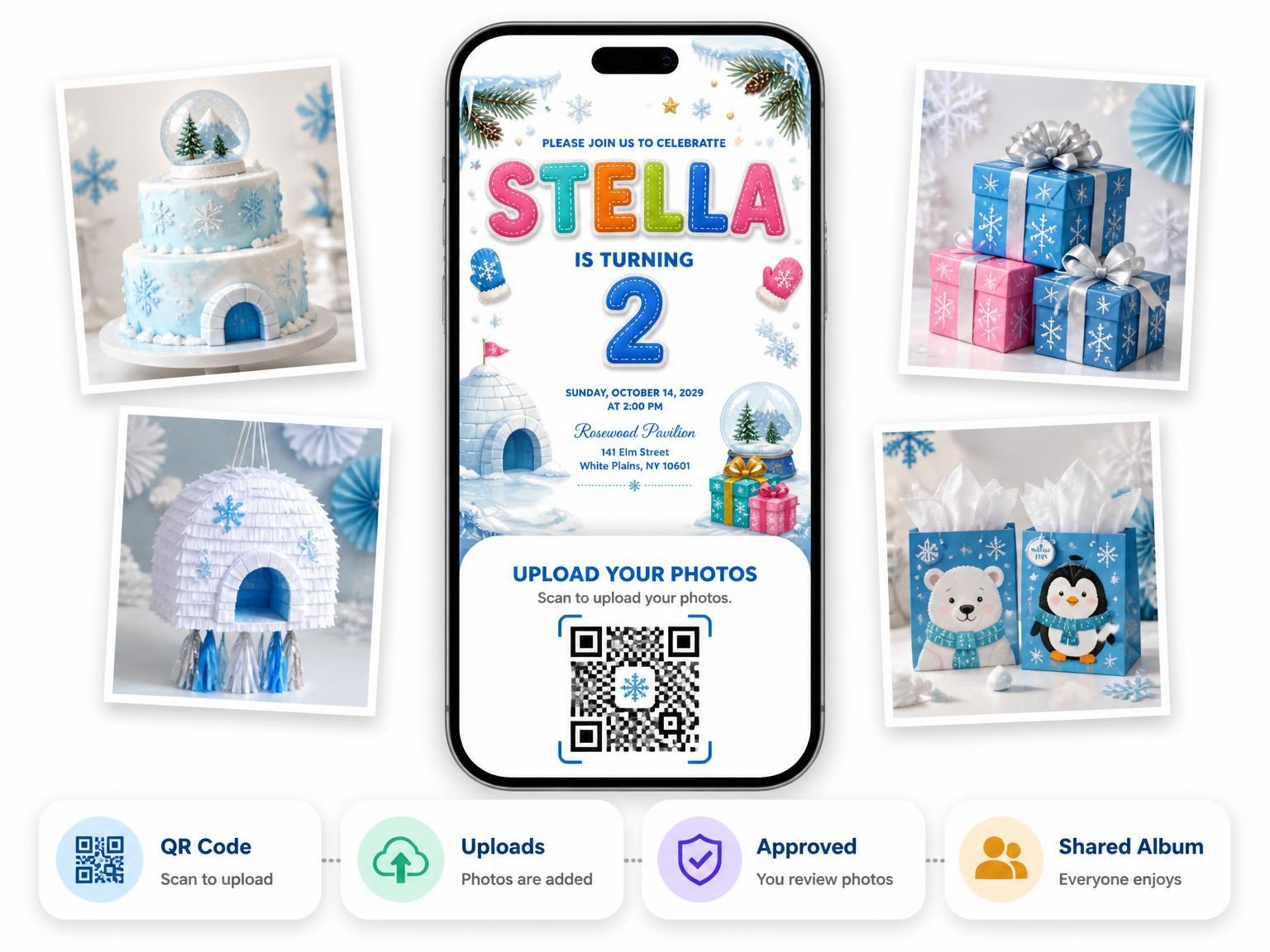 The shared photo gallery that comes with the Stitched Winter Polar 2nd Birthday Invitation invitation
