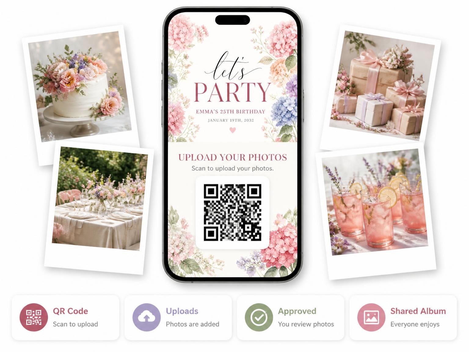 The shared photo gallery that comes with the Pastel Garden Flowers 25th Birthday Invitation invitation