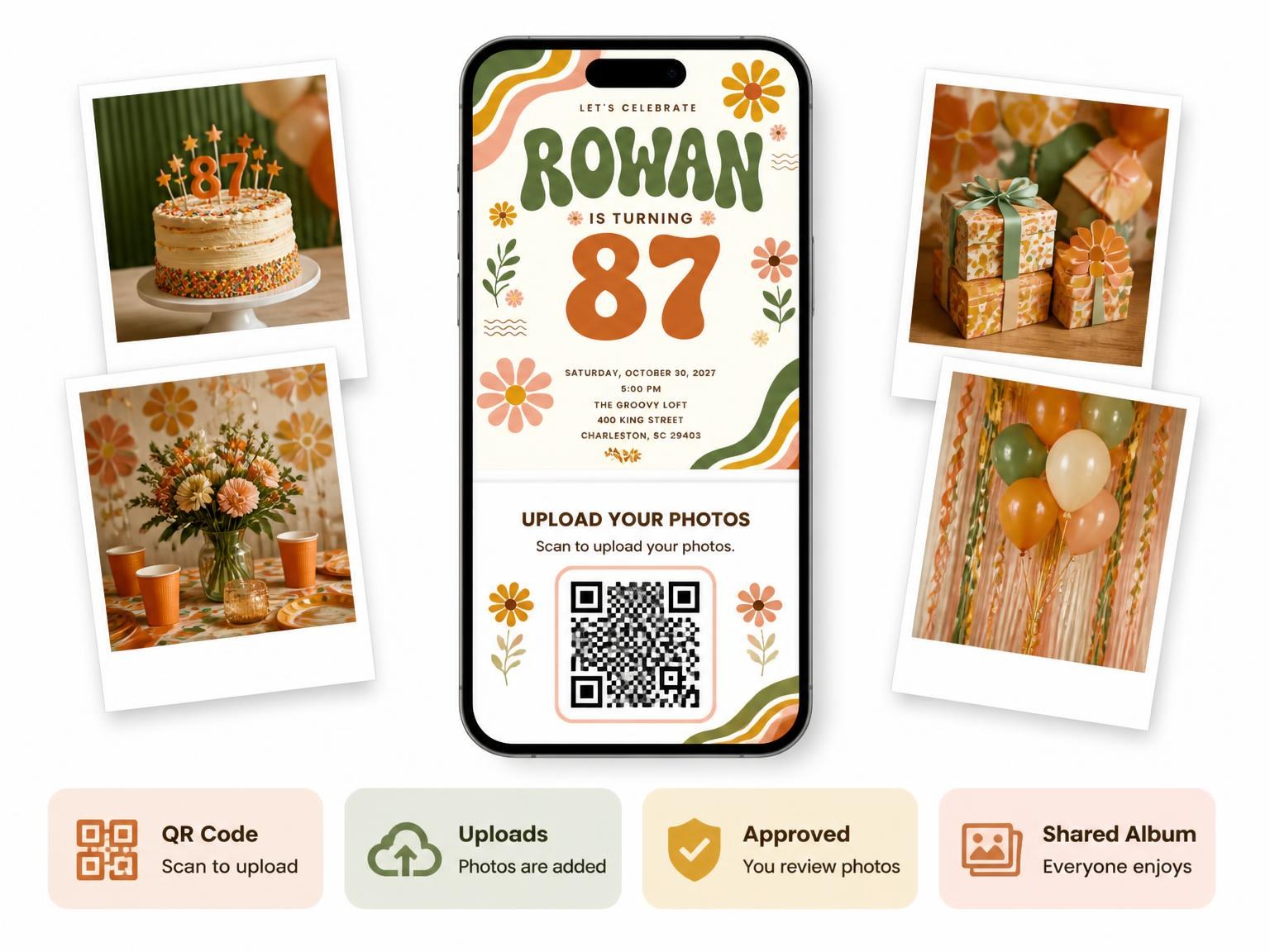 The shared photo gallery that comes with the Groovy Retro 87th Birthday Invitation invitation