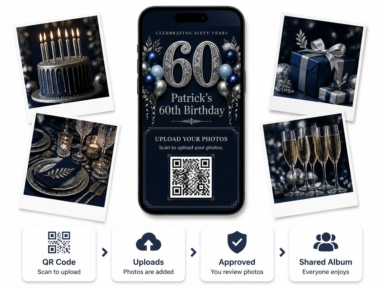 The shared photo gallery that comes with the Navy and Silver 60th Birthday Invitation invitation