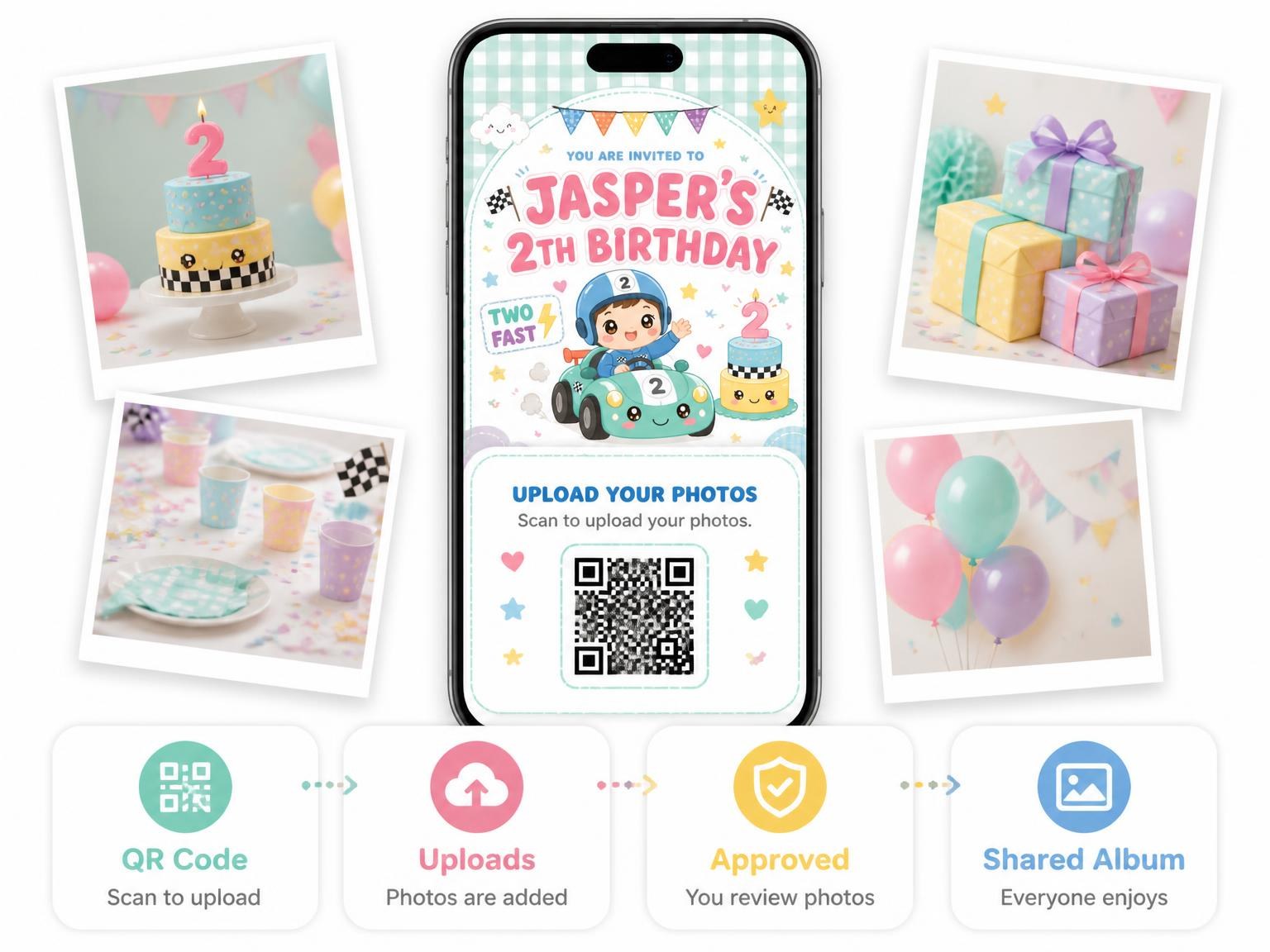The shared photo gallery that comes with the Pastel Race Car 2nd Birthday Invitation invitation