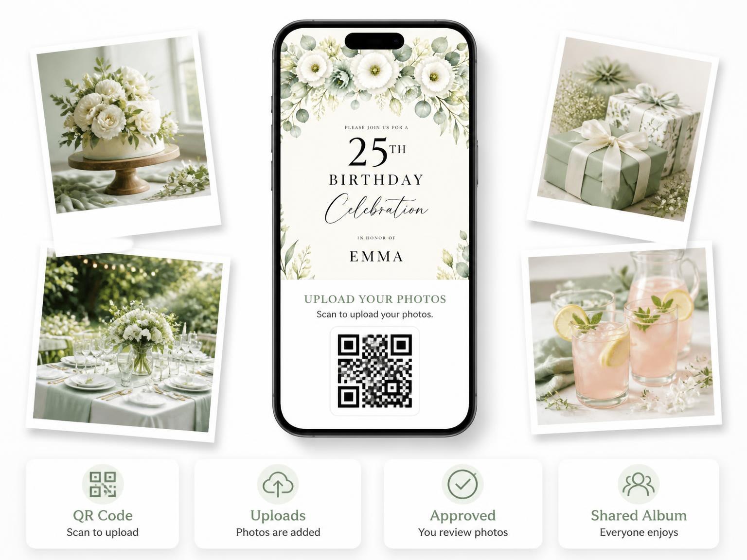 The shared photo gallery that comes with the Floral Garland Mint 25th Birthday Invitation invitation