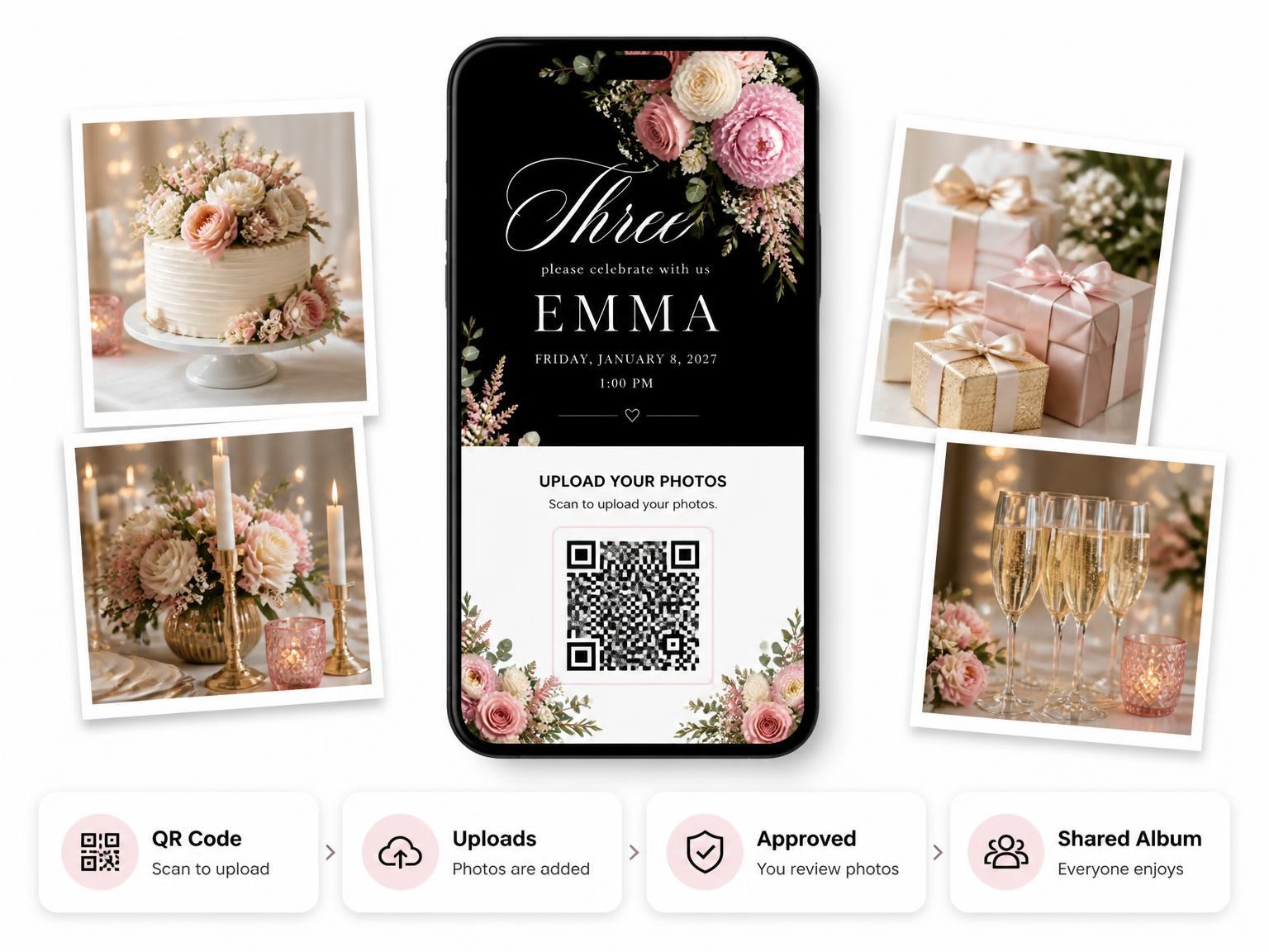 The shared photo gallery that comes with the Black Floral 3rd Birthday Invitation invitation