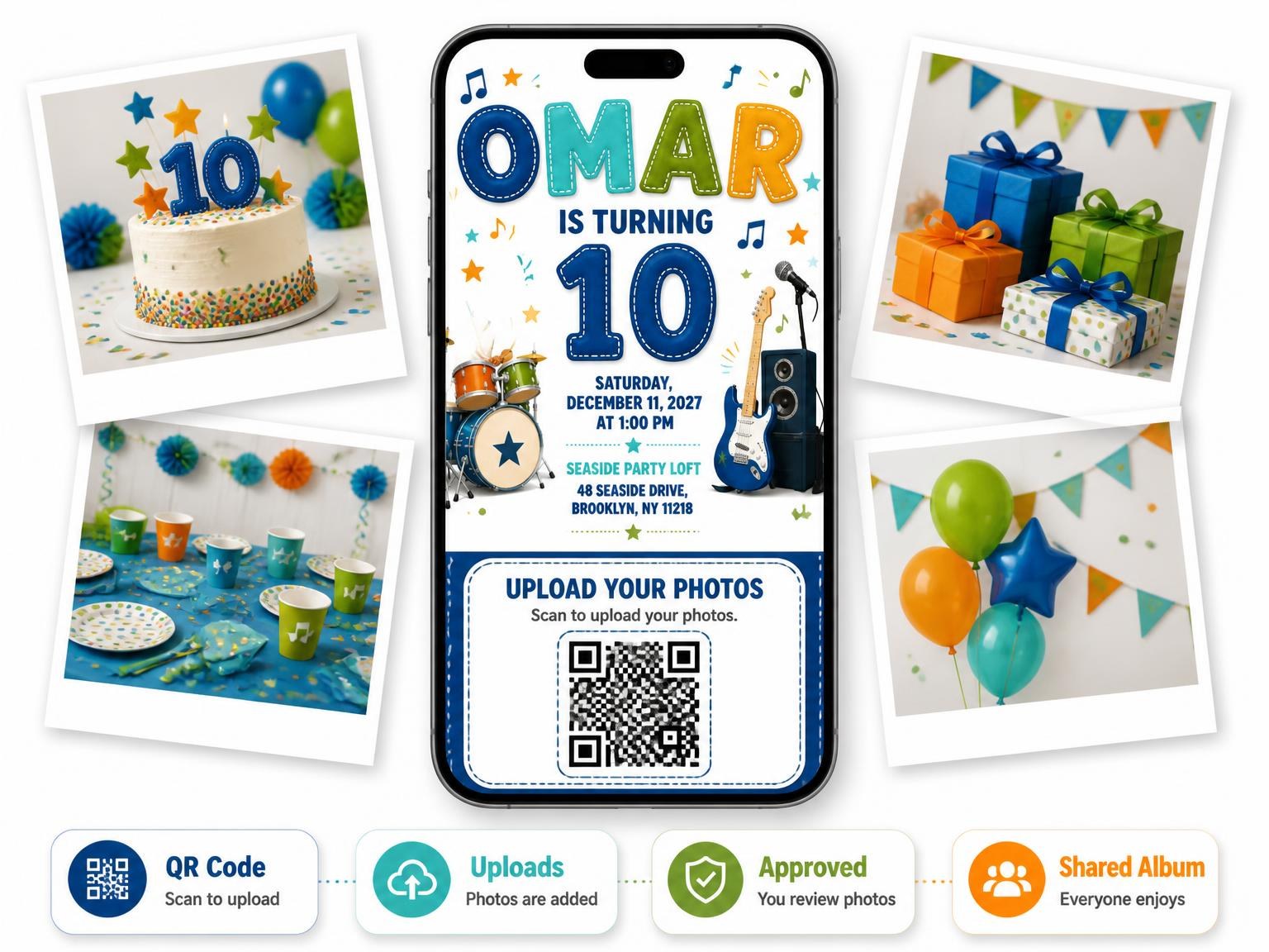 The shared photo gallery that comes with the Guitar Amplifier 10th Birthday Invitation invitation