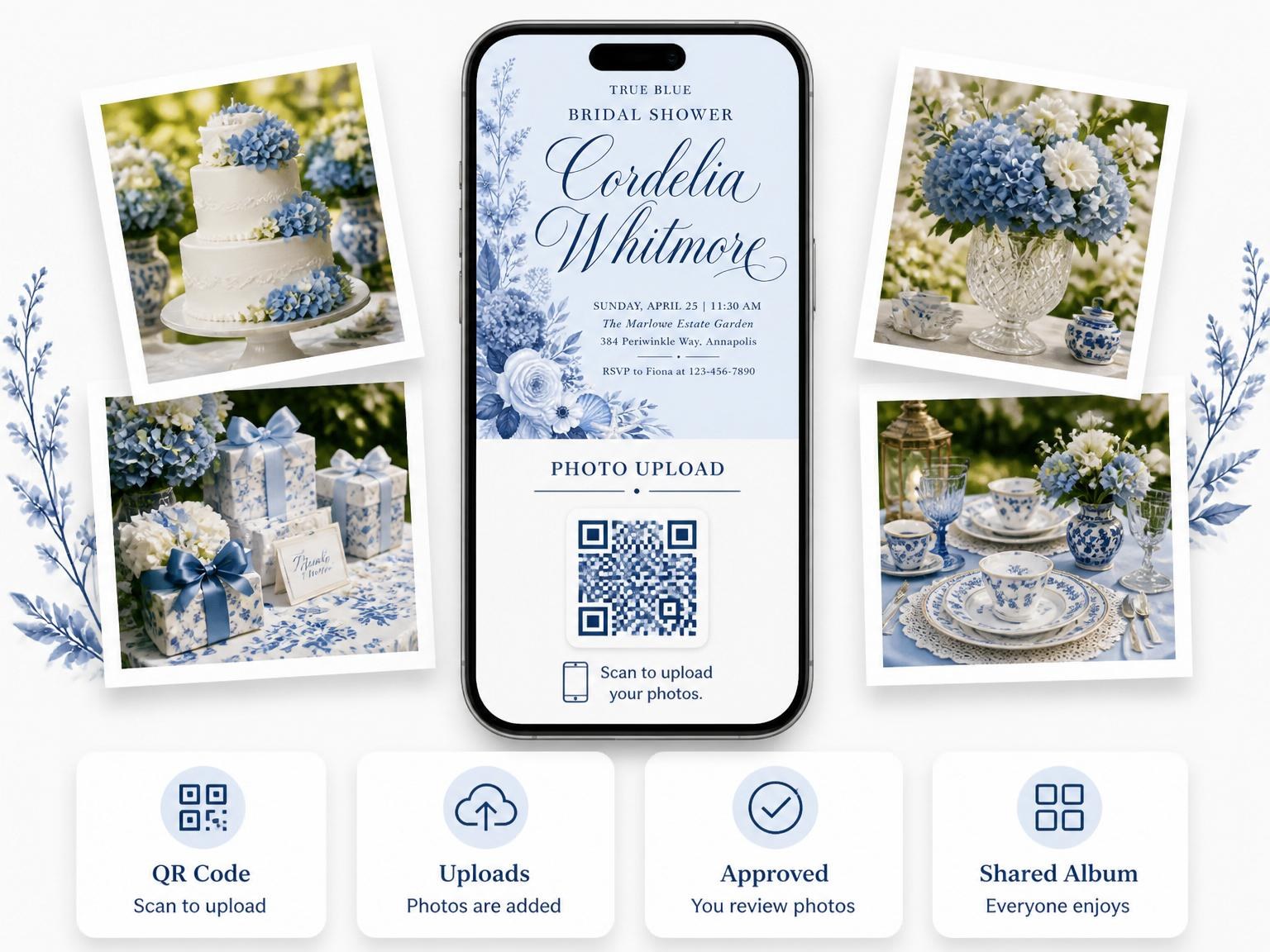 The shared photo gallery that comes with the Indigo Watercolor Coastal Bridal Shower invitation