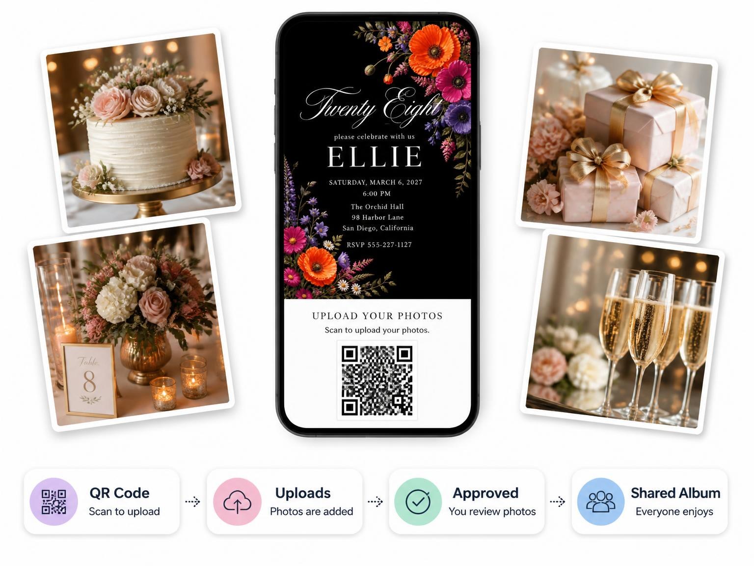 The shared photo gallery that comes with the Black Floral 28th Birthday Invitation invitation