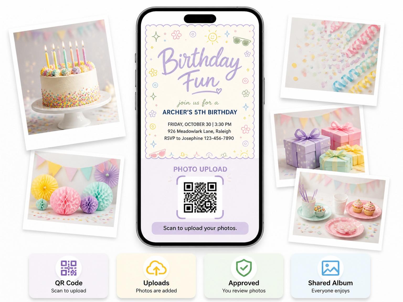The shared photo gallery that comes with the Doodle Motif Pastel 5th Birthday invitation