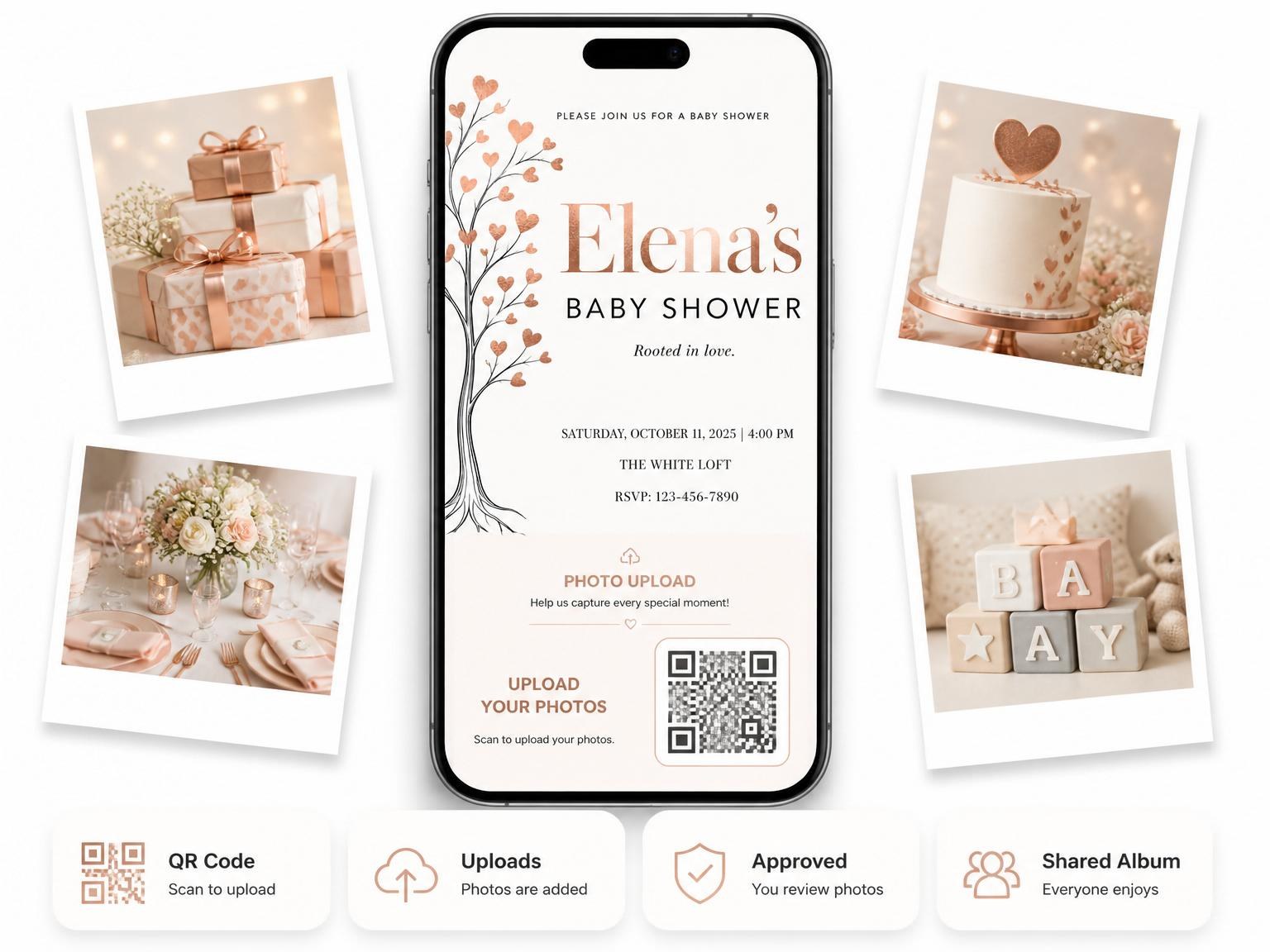 The shared photo gallery that comes with the Rose Gold Heart Tree Baby Shower invitation
