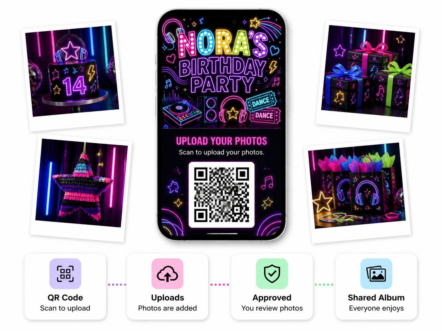 The shared photo gallery that comes with the Neon Dance Party 14th Birthday Invitation invitation