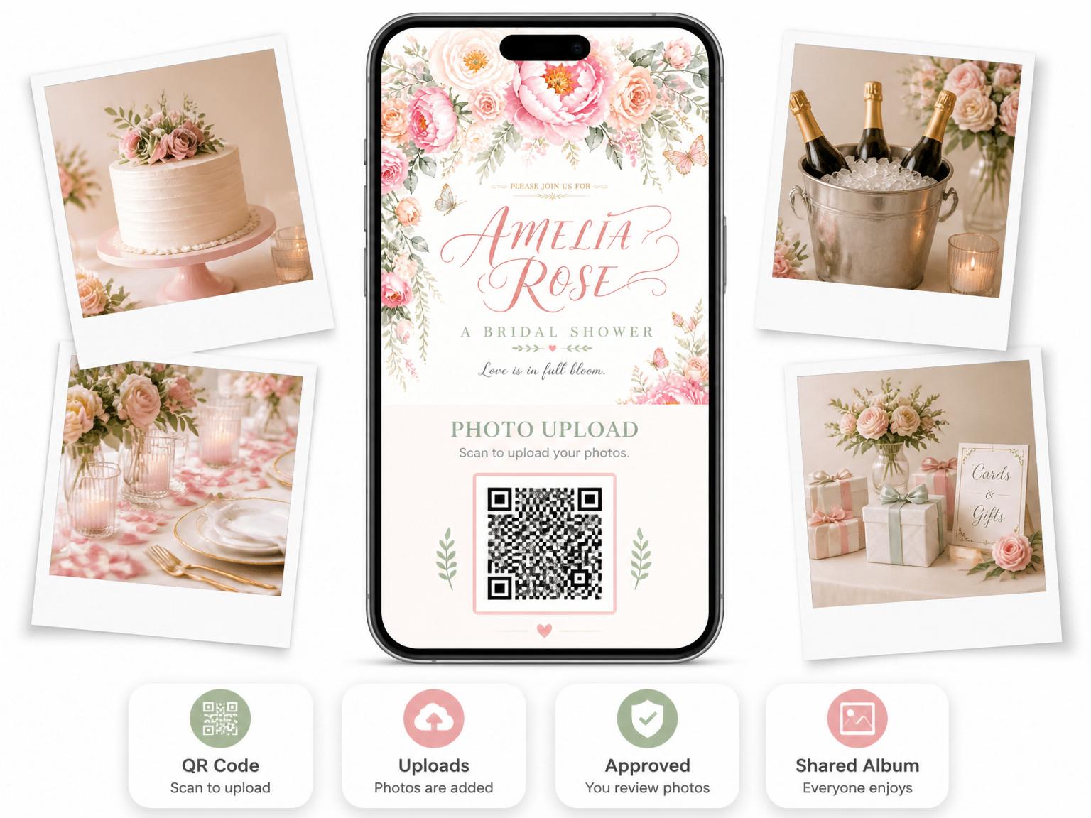 The shared photo gallery that comes with the Floral Bridal Shower invitation