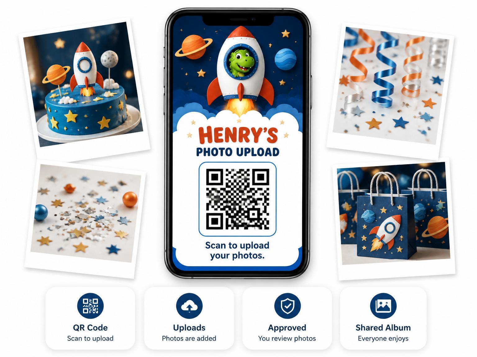 The shared photo gallery that comes with the Dino Astronaut Rocket Ship 5th Birthday invitation