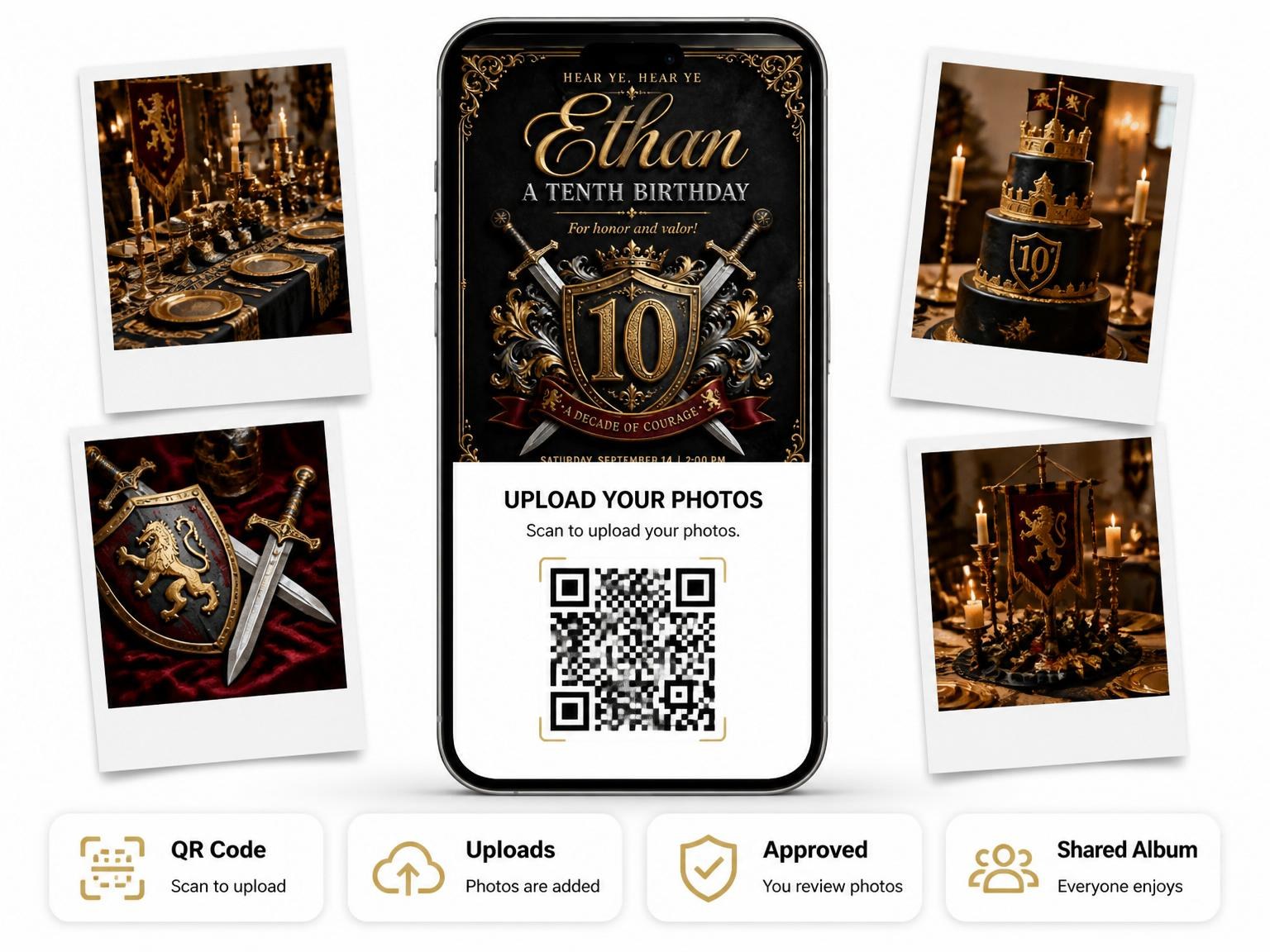 The shared photo gallery that comes with the Gold Foil Medieval Crest 10th Birthday invitation