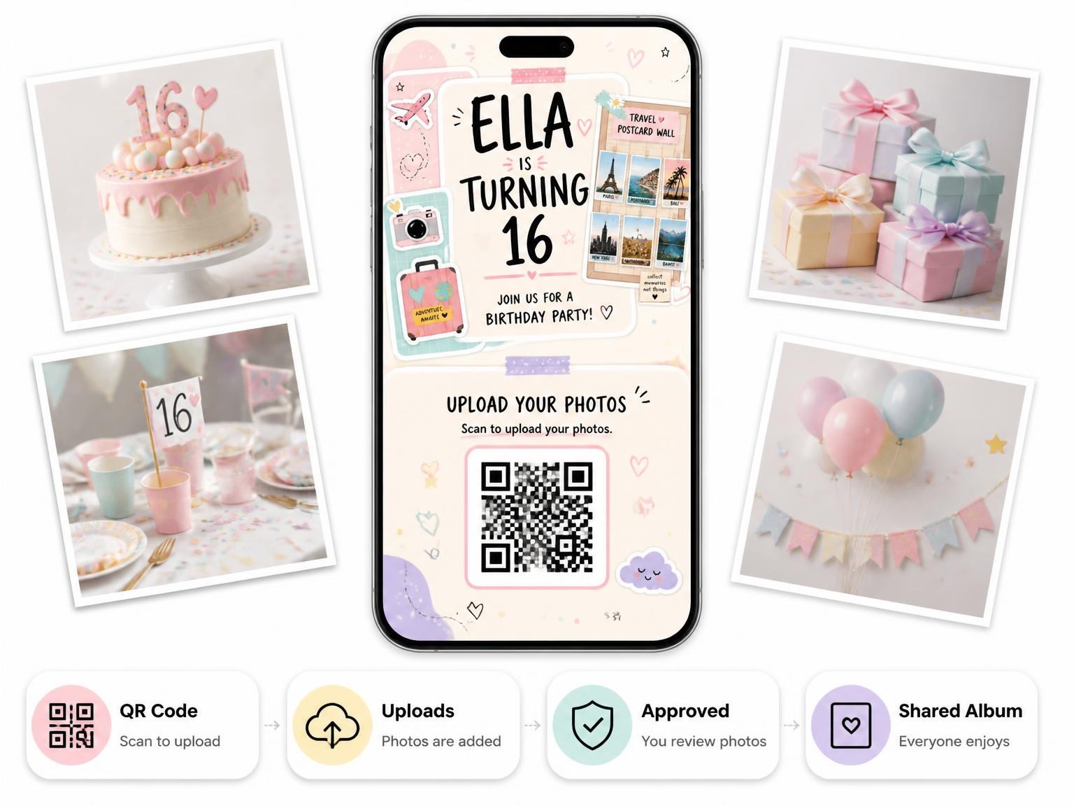 The shared photo gallery that comes with the Cards Pastel Scrapbook 16th Birthday Invitation invitation