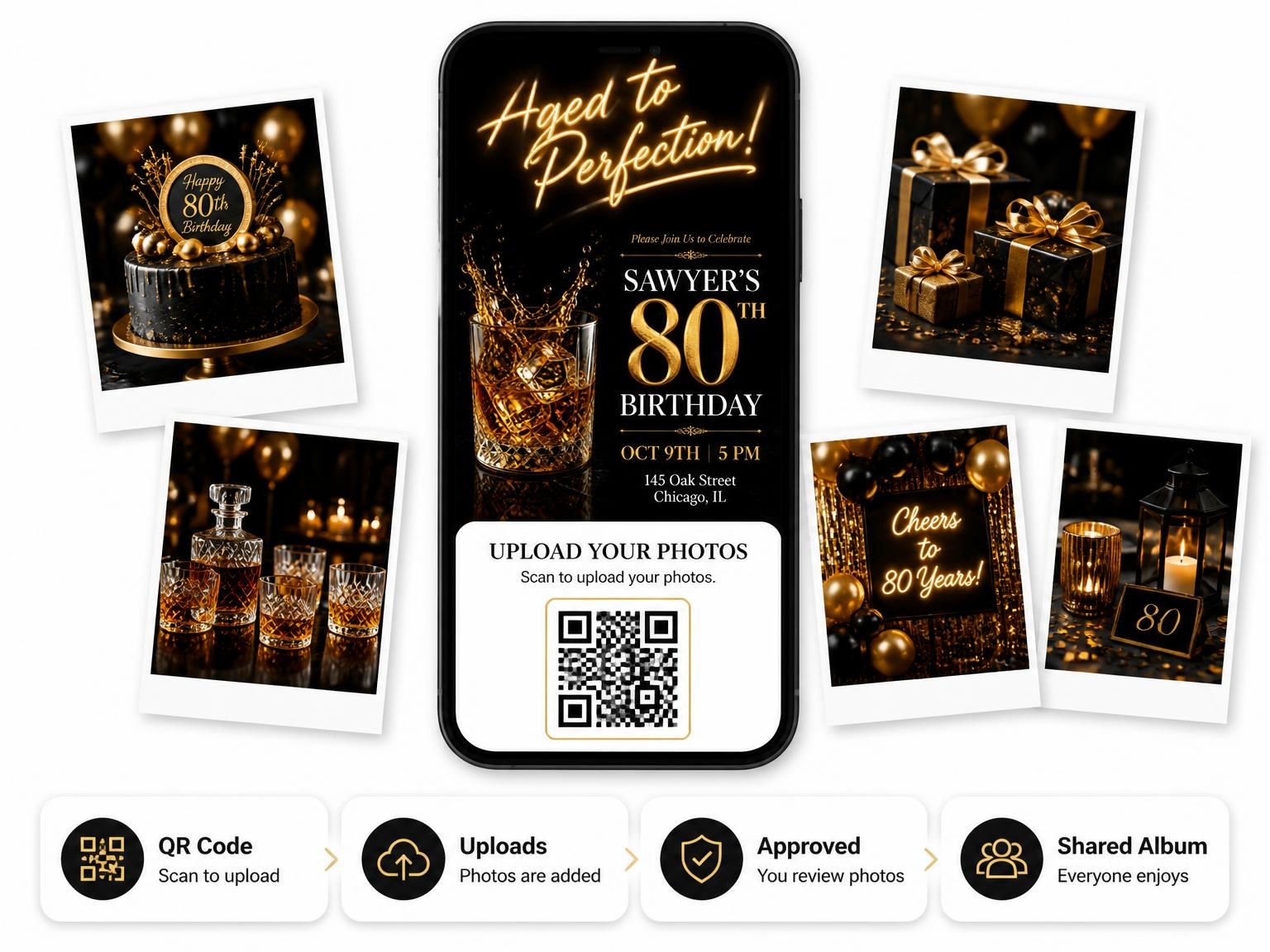 The shared photo gallery that comes with the Whiskey Glass 80th Birthday Invitation invitation