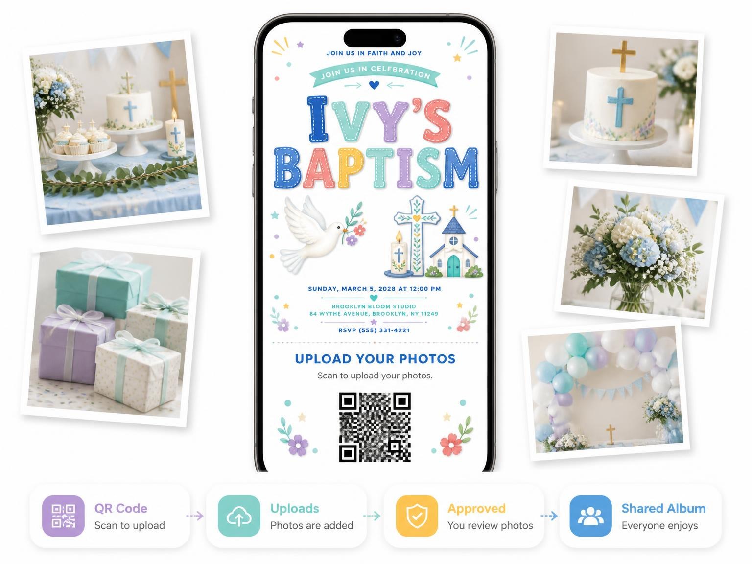 The shared photo gallery that comes with the Dove And Cross Baptism Invitation invitation