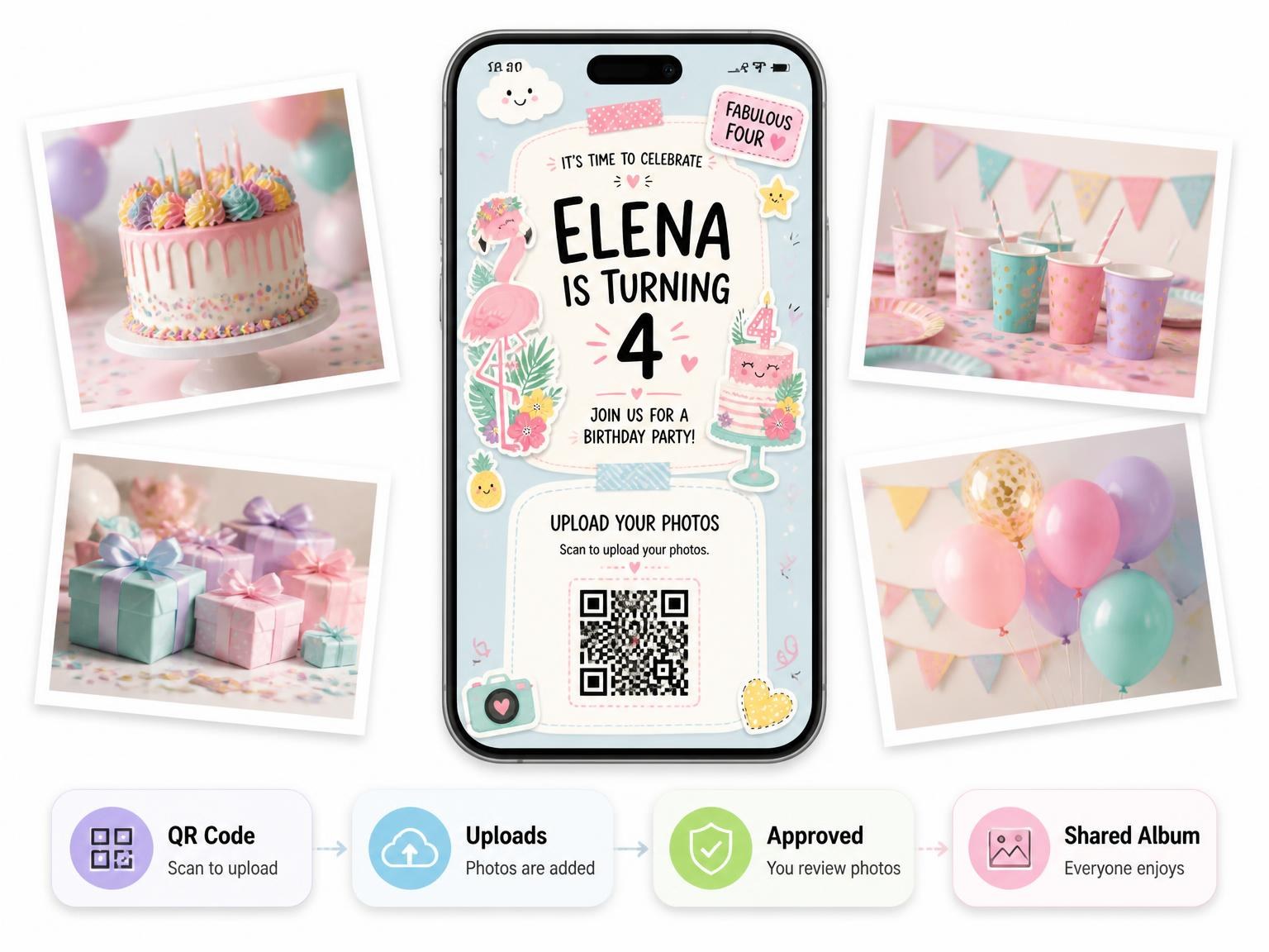 The shared photo gallery that comes with the Pink Flamingo Pastel 4th Birthday Invitation invitation