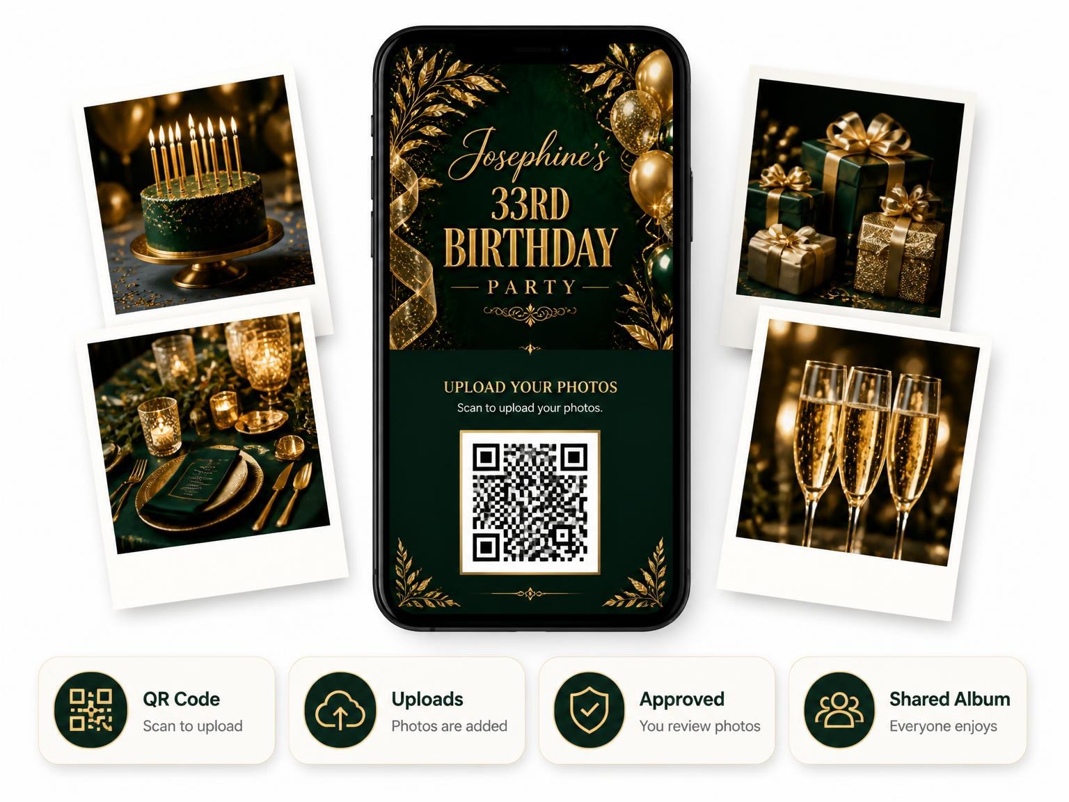 The shared photo gallery that comes with the Emerald and Champagne 33rd Birthday Invitation invitation
