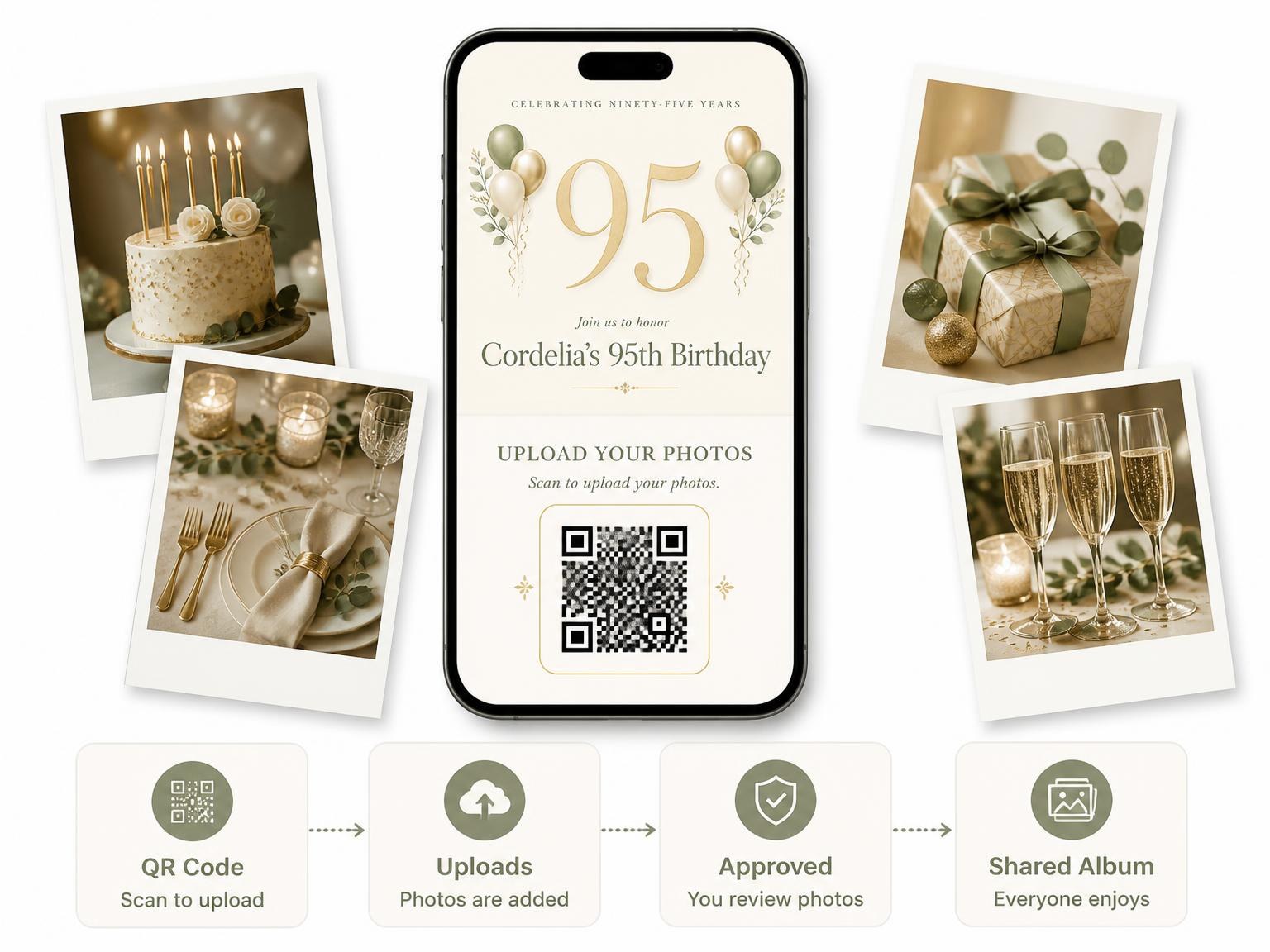 The shared photo gallery that comes with the Sage and Ivory 95th Birthday Invitation invitation