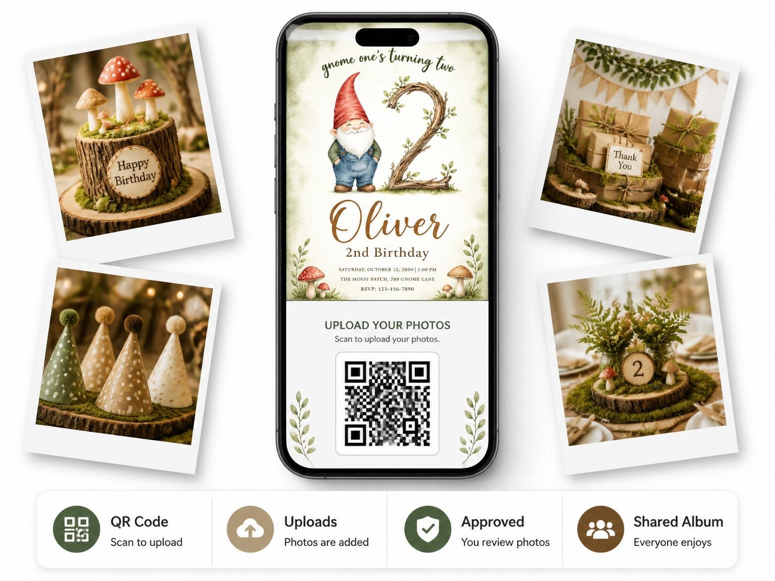 The shared photo gallery that comes with the Watercolor Gnome Woodland 2nd Birthday invitation