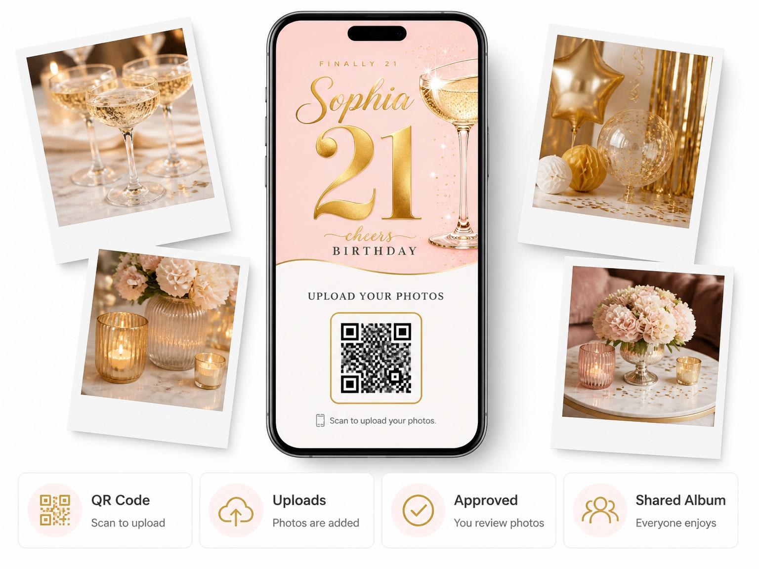 The shared photo gallery that comes with the Gold Champagne 21st Birthday invitation