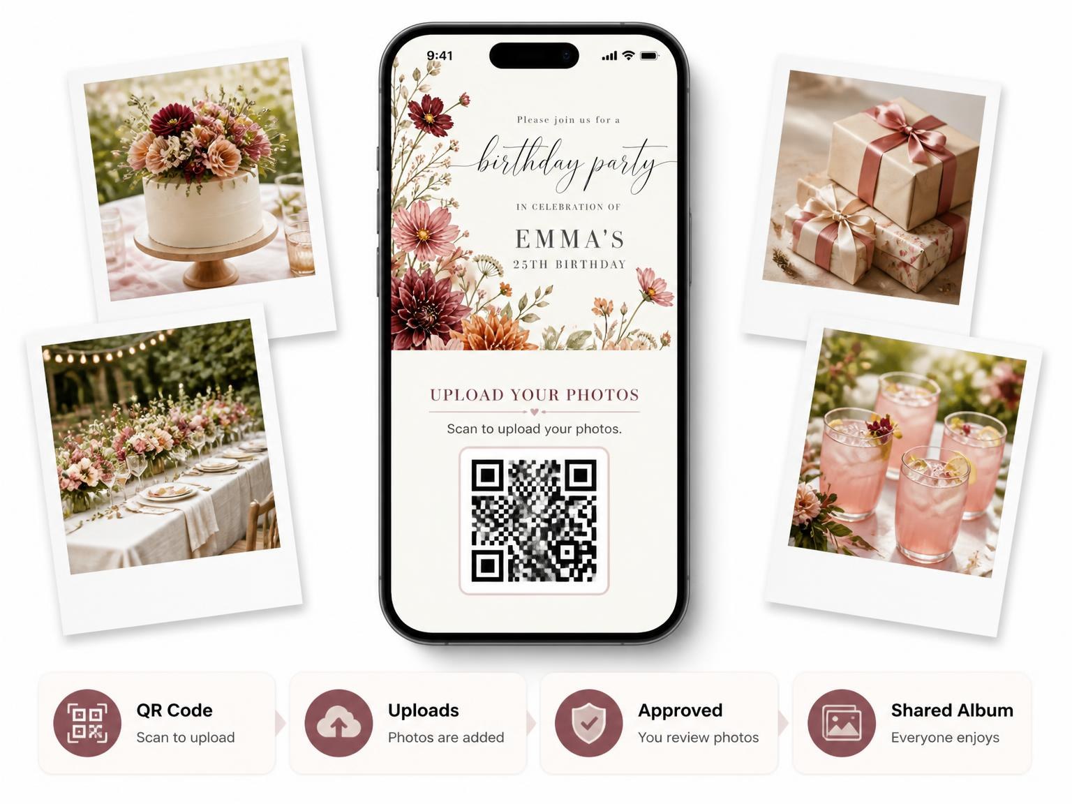 The shared photo gallery that comes with the Botanical Floral Autumn 25th Birthday Invitation invitation