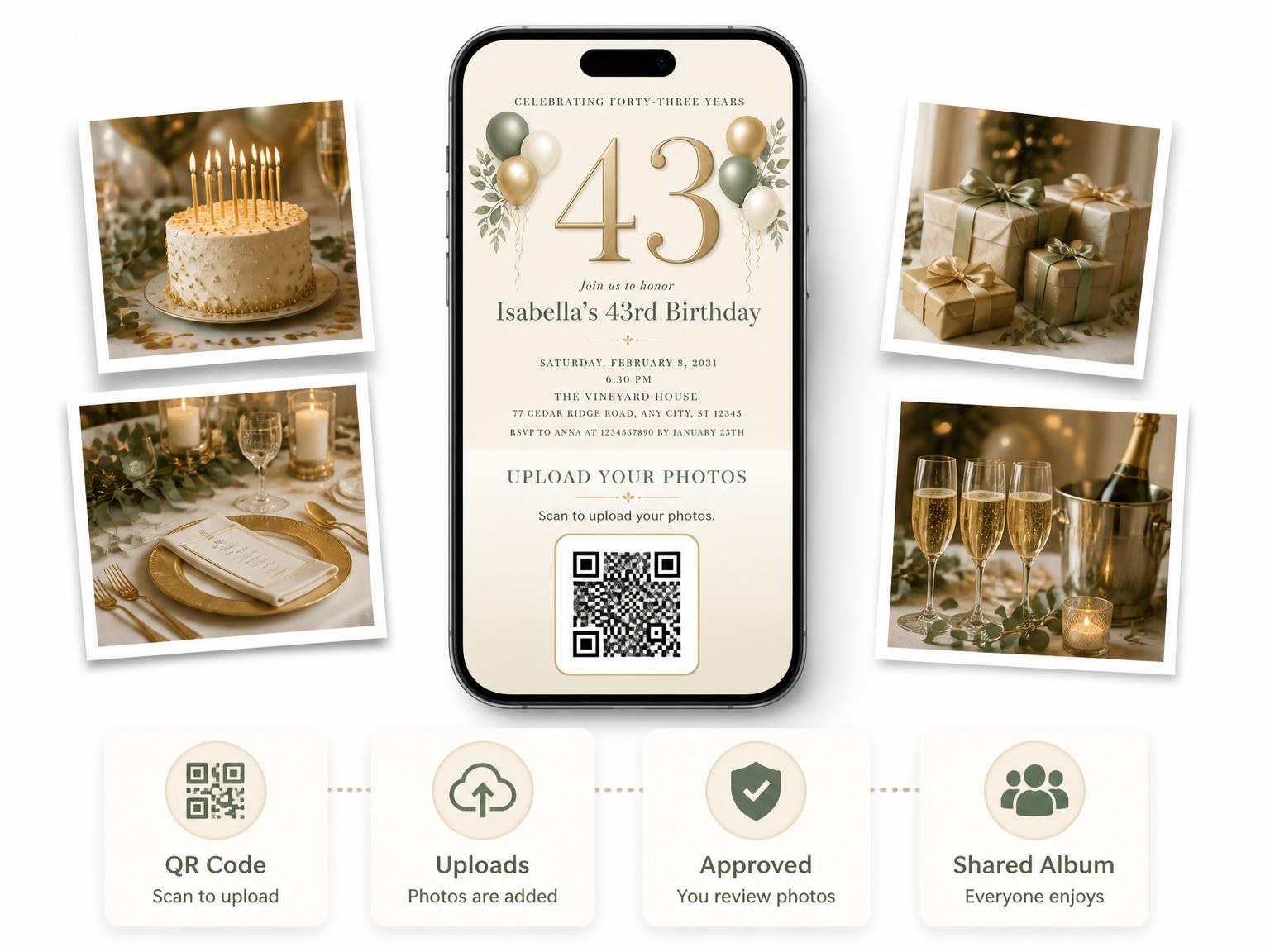 The shared photo gallery that comes with the Sage and Ivory 43rd Birthday Invitation invitation