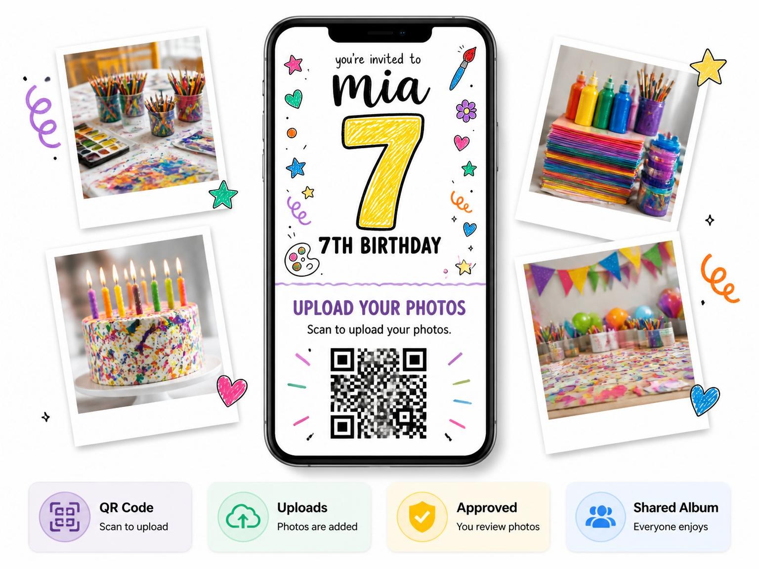The shared photo gallery that comes with the Crayon Doodle Art 7th Birthday invitation