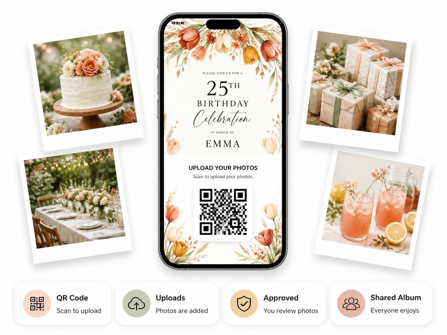 The shared photo gallery that comes with the Terracotta Tulip Arch 25th Birthday Invitation invitation