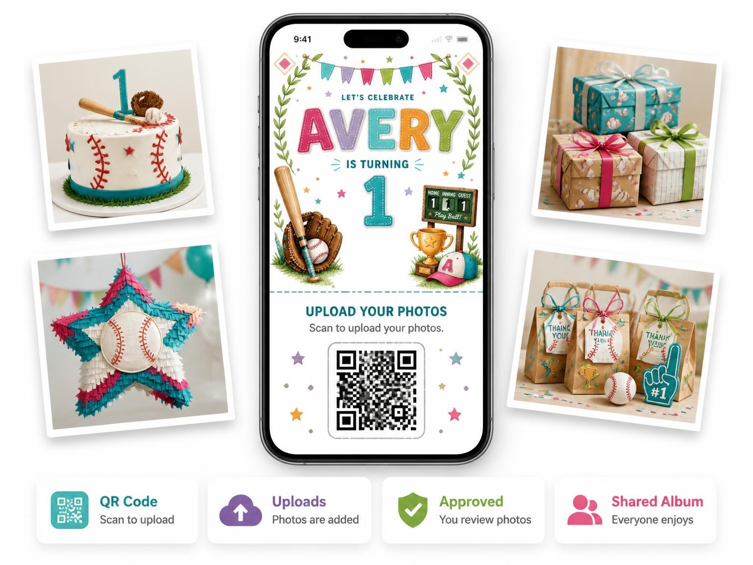The shared photo gallery that comes with the Stitched Baseball 1st Birthday Invitation invitation
