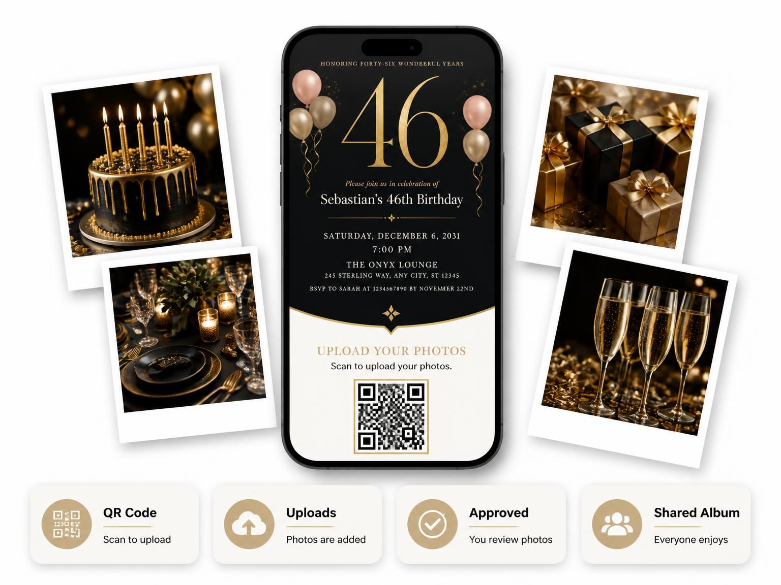 The shared photo gallery that comes with the Charcoal and Blush 46th Birthday Invitation invitation