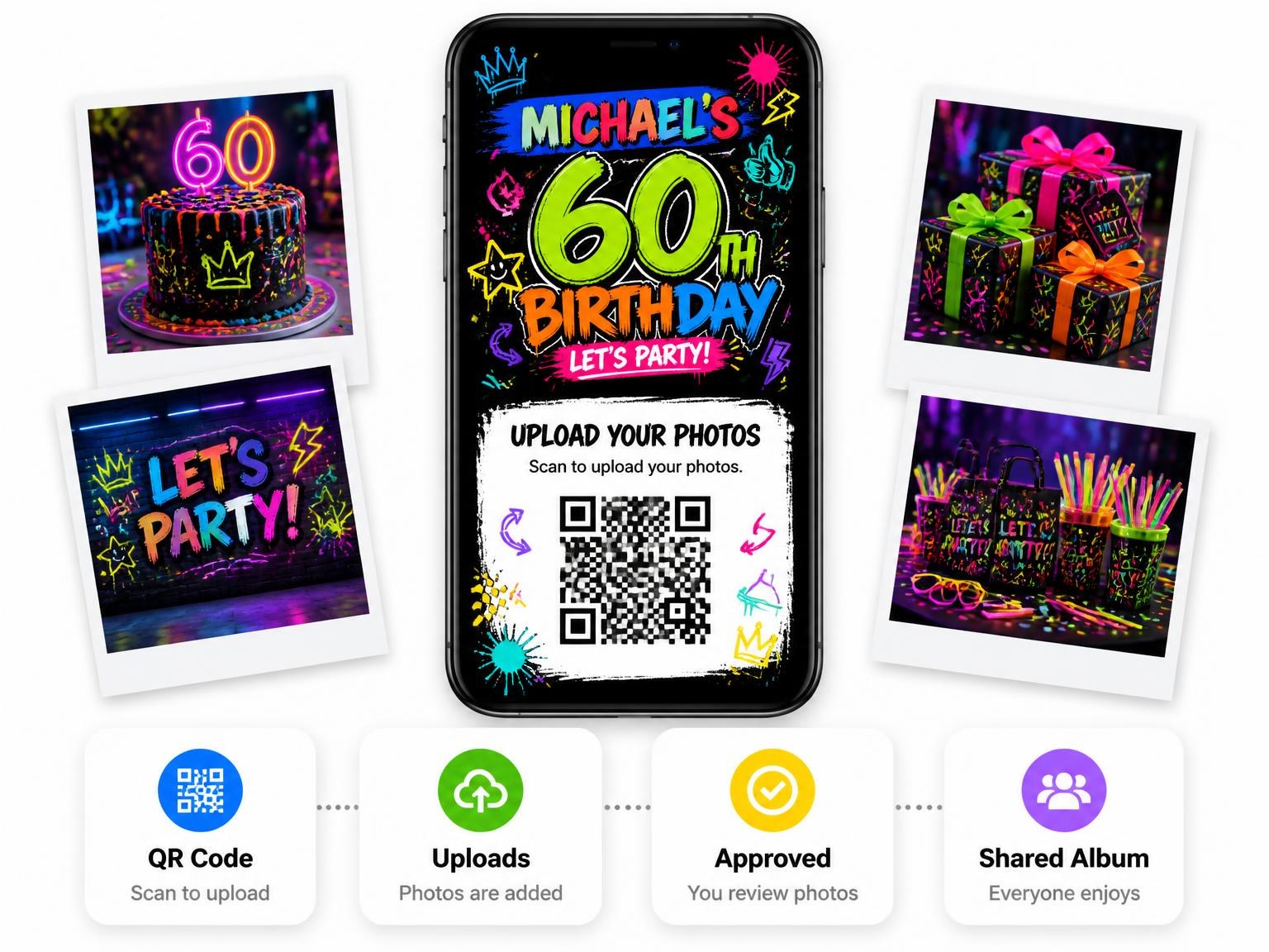 The shared photo gallery that comes with the Graffiti Street Art 60th Birthday Invitation invitation