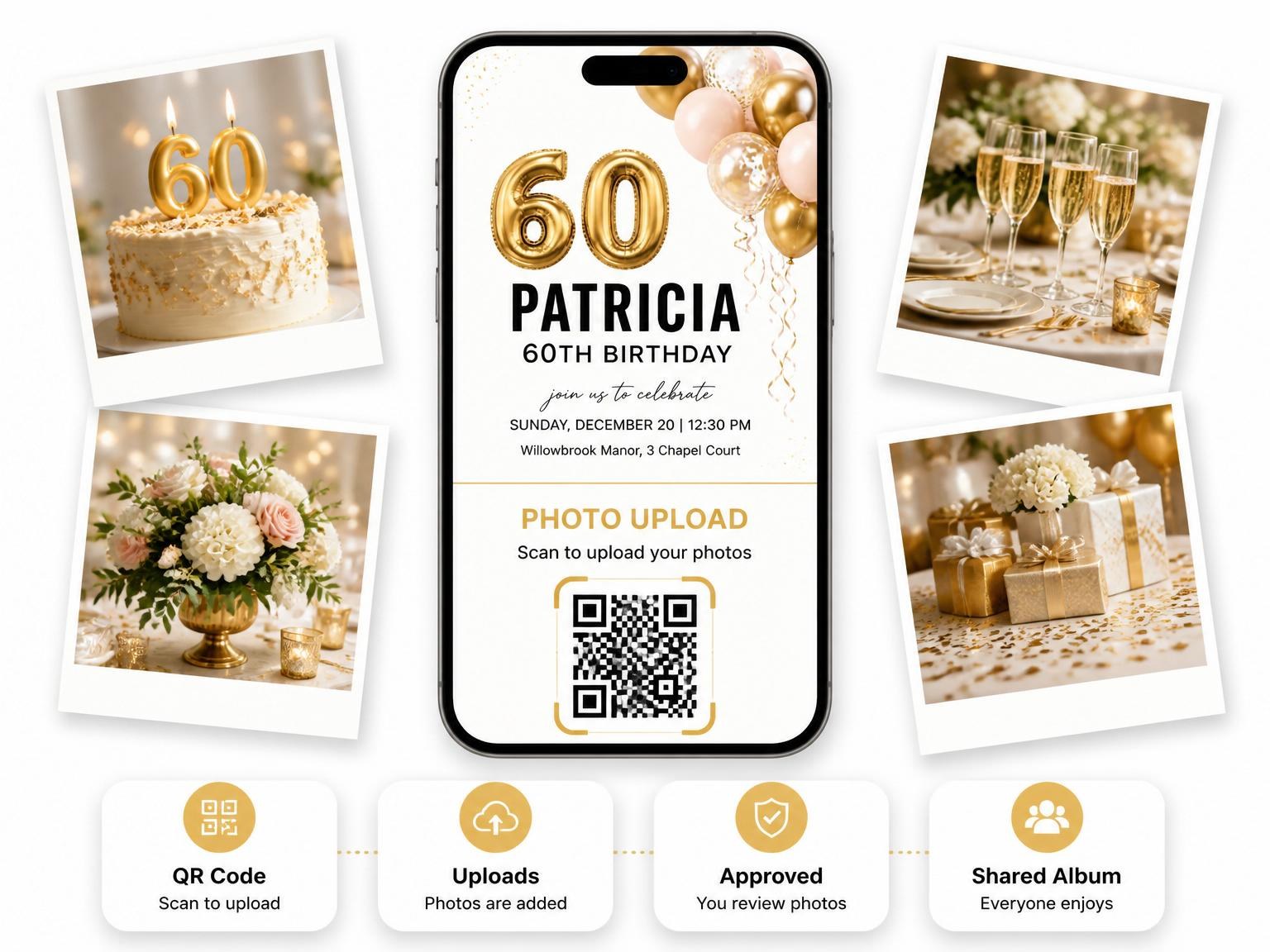 The shared photo gallery that comes with the Metallic Gold Balloon 60th Birthday invitation