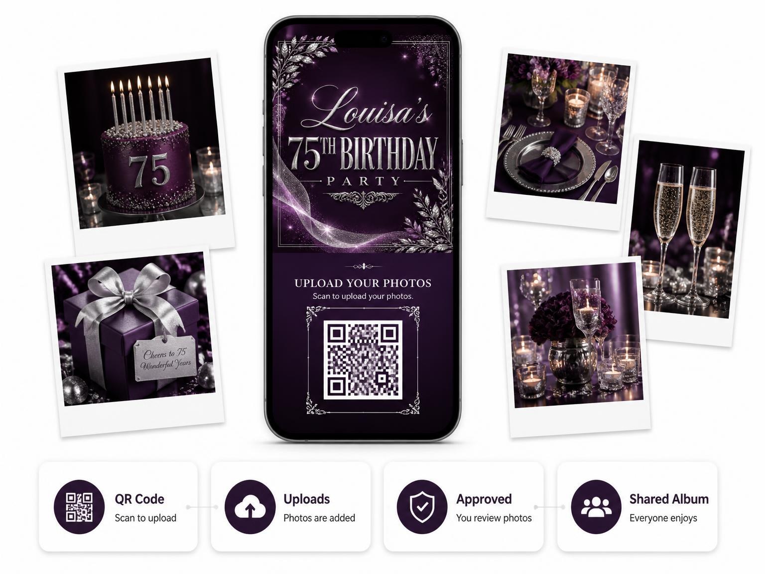 The shared photo gallery that comes with the Plum and Silver 75th Birthday Invitation invitation
