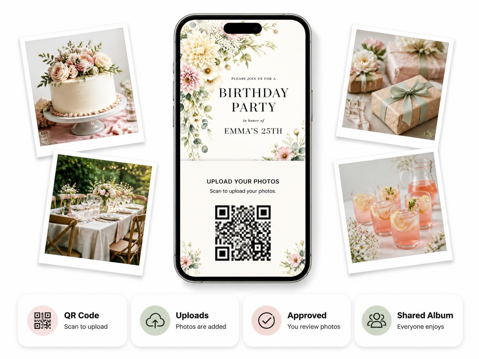 The shared photo gallery that comes with the Floral Sprig Ivory 25th Birthday Invitation invitation