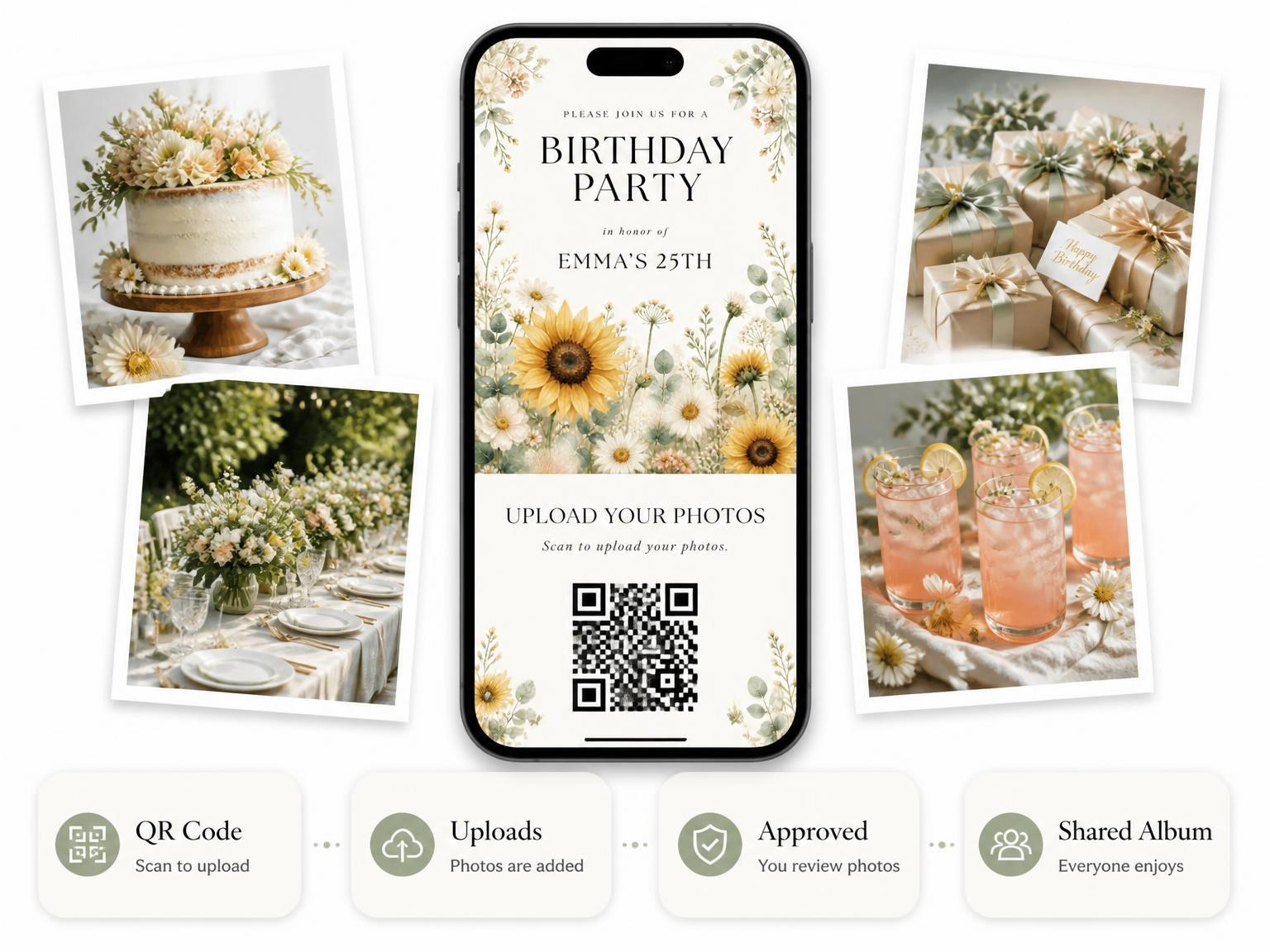 The shared photo gallery that comes with the Sunflower Ivory 25th Birthday Invitation invitation