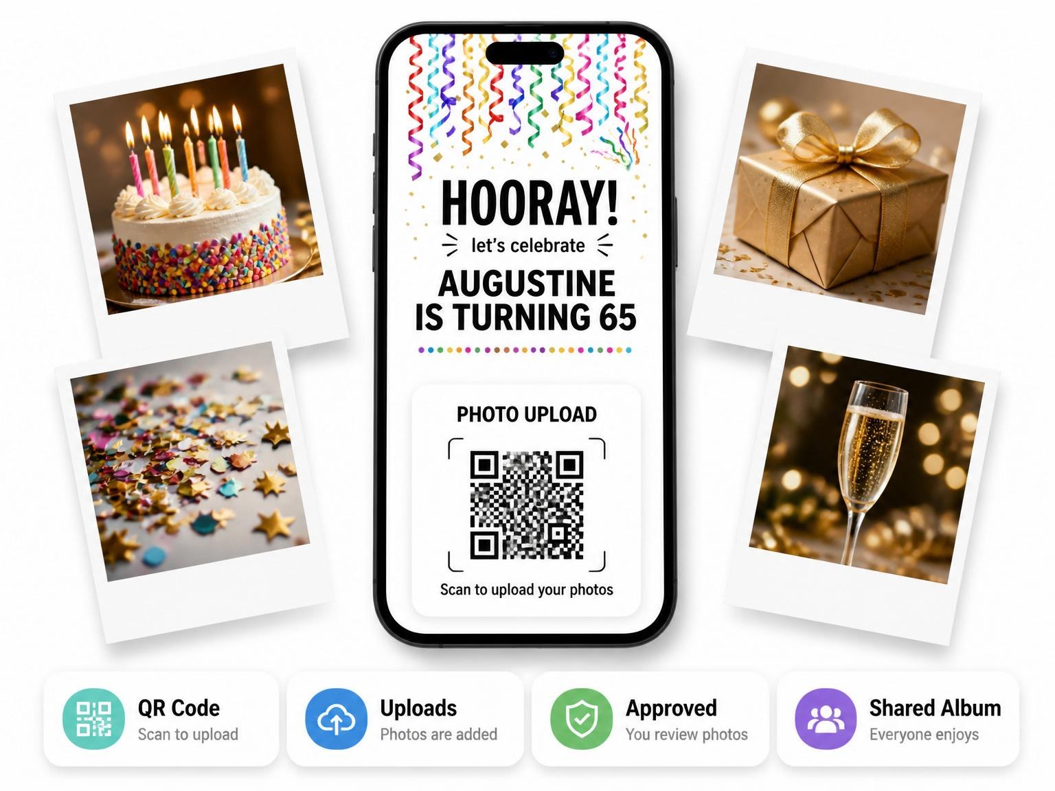 The shared photo gallery that comes with the Colorful Confetti Streamer 65th Birthday invitation