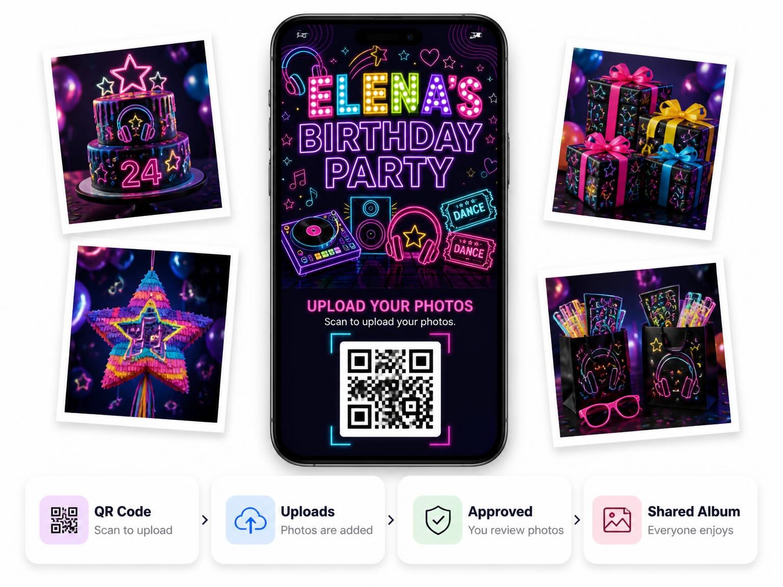 The shared photo gallery that comes with the Neon Dance Party 24th Birthday Invitation invitation