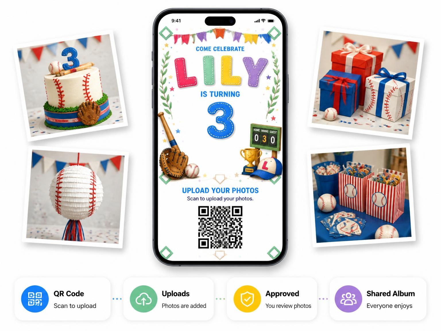 The shared photo gallery that comes with the Stitched Baseball 3rd Birthday Invitation invitation