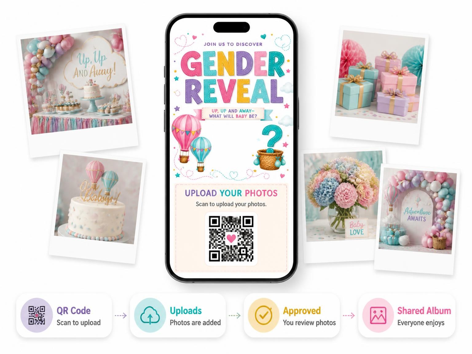 The shared photo gallery that comes with the Hot Air Balloon Gender Reveal Invitation invitation