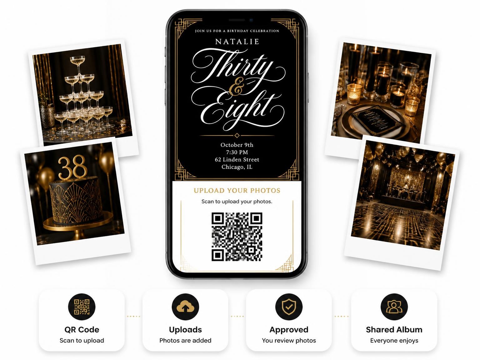 The shared photo gallery that comes with the Art Deco 38th Birthday Invitation invitation