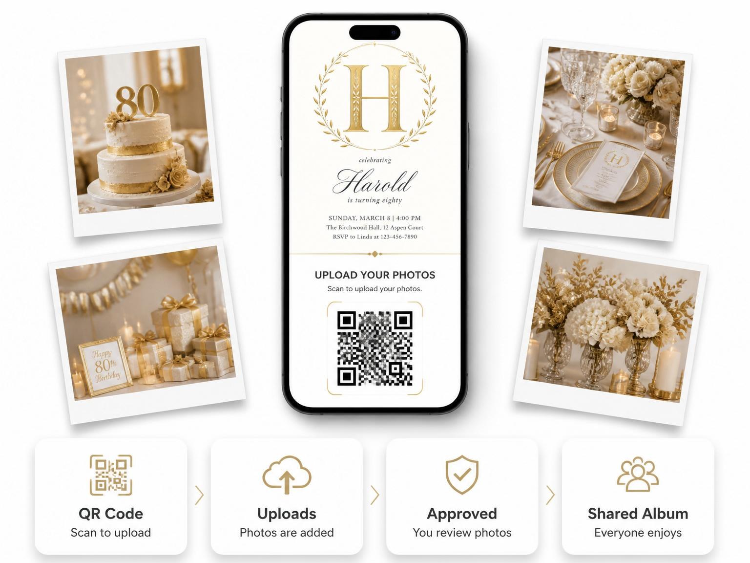 The shared photo gallery that comes with the Gold Laurel Initial 80th Birthday invitation